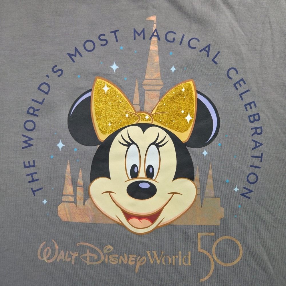 Disney‎ Minnie Mouse Shirt Womens Large Gray Viscose 50th Anniversary V-Neck Tee